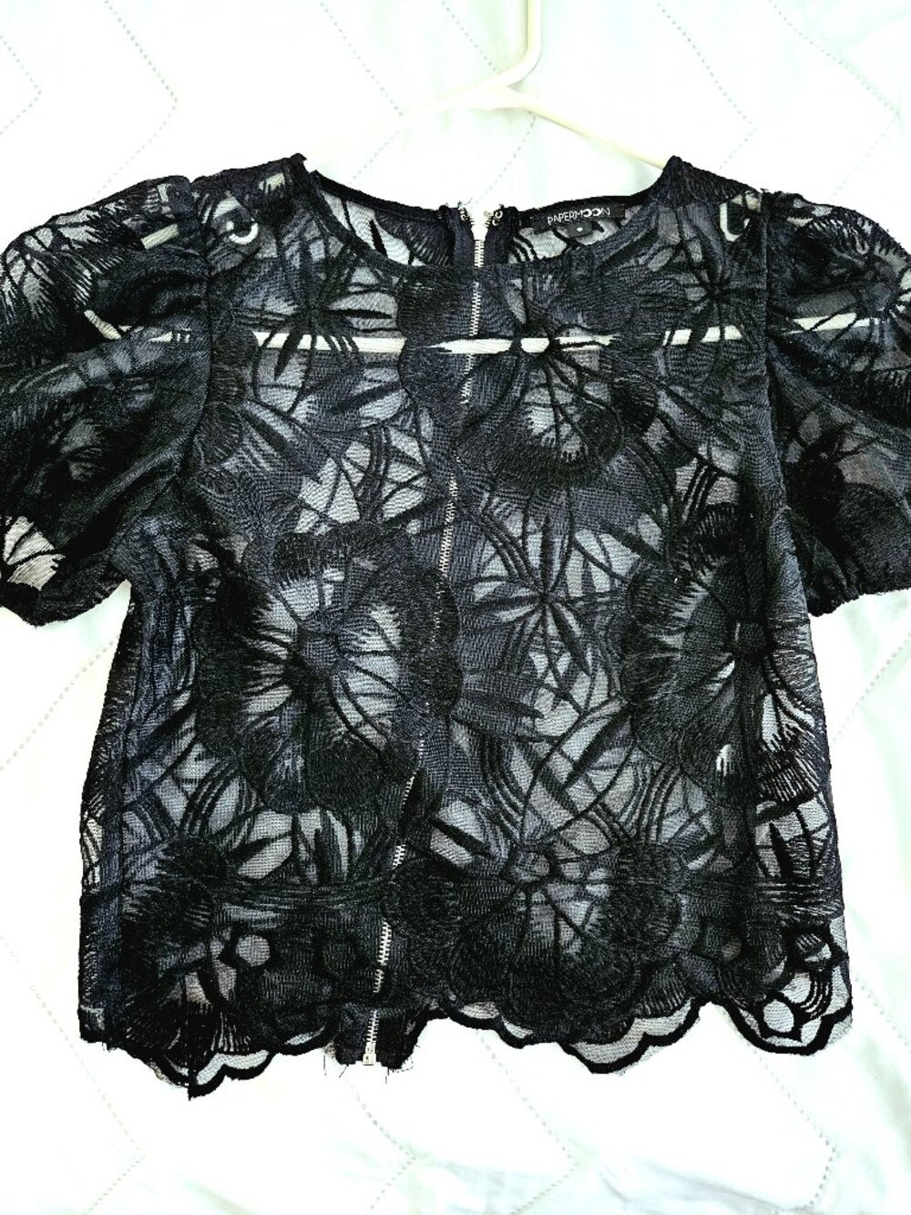 Papermoon embroidered floral black top Blouse size Small